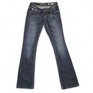Miss Me JP5489B2 bootcut dark wash low rise embellished flap pocket jeans Sz 26